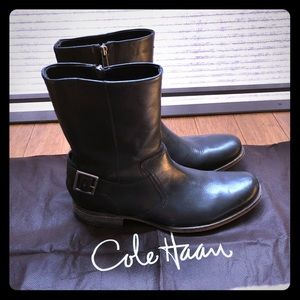 Cole Haan York Zip Buckle Boots Black Leather 11